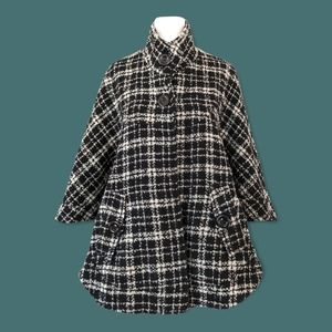 Black & Cream Plaid Boucle Flared Cape Jacket